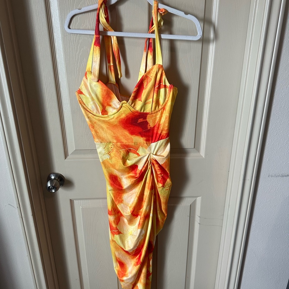 Vibrant Halter Dress with Ruched Detail